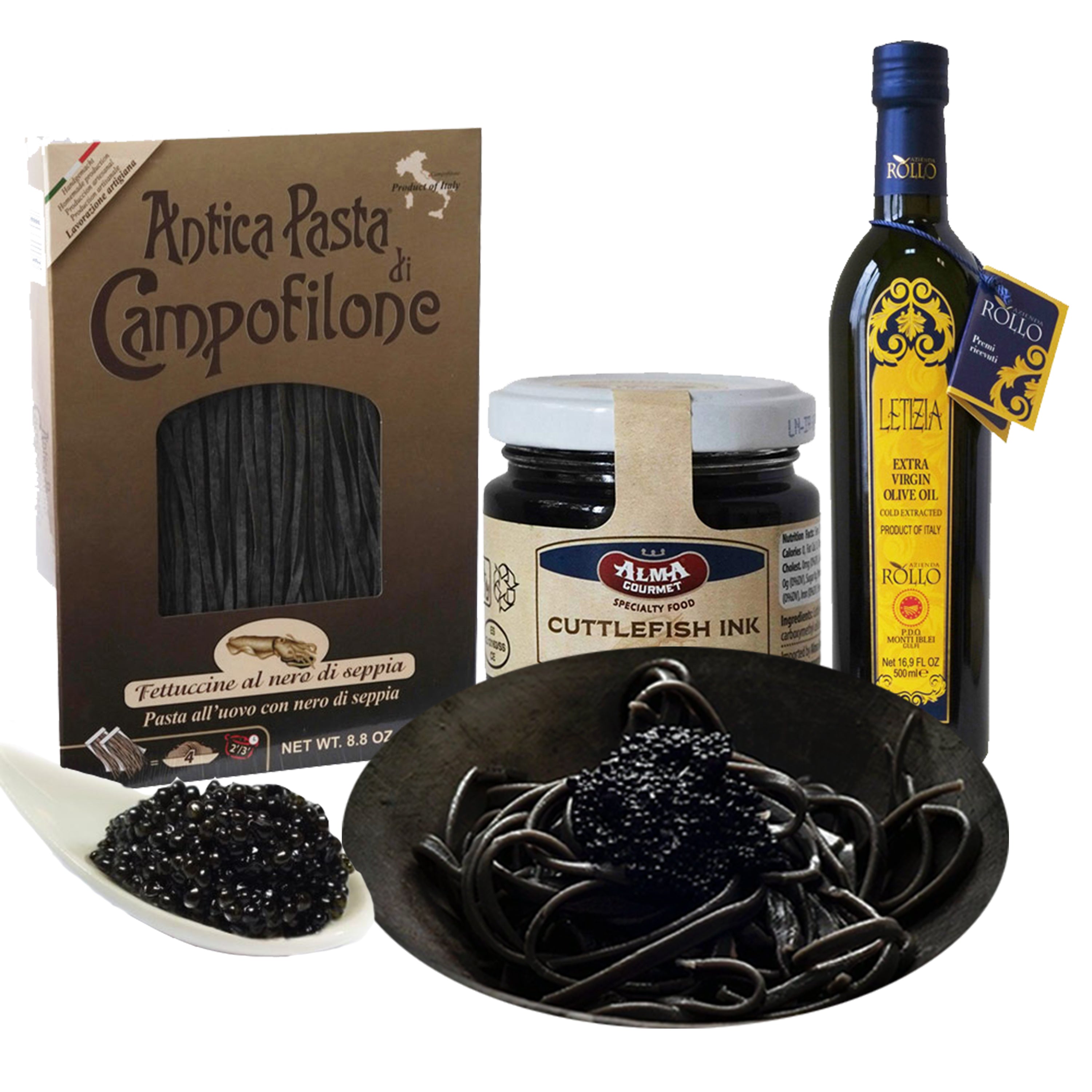 Shop Black Squid Ink Fettuccine with Caviar Dinner Kit | Alma Gourmet Store