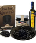 Squid Ink Campofilone Fettuccine, Squid Ink 3.2oz Jar , Letizia Extra Virgin Olive Oil  Bottle,  4oz Keluga Caviar 