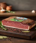 Block of cured meat on a wooden board with herbs and spices, brand label visible