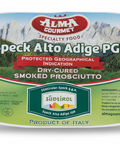 Alma Gourmet Speck Alto Adige PGI packaging with mountain and green field design.