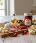 Table with charcuterie board featuring a jar of Calabrian hot chili peppers, bread, and olives.