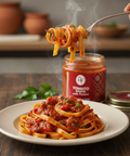 Steaming spaghetti with a jar of tomato sauce on a wooden table