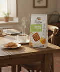 Gentilini Piaceri cookie package on a wooden table with a cup of coffee and cookies.