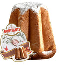 Bundt cake with powdered sugar on top and a Bonifanti brand label.
