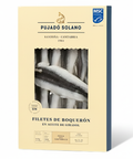Packaged fish filets with Pujadó Solano branding on a beige background