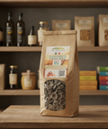 Bag of Agnello pasta on a wooden table with shelves in the background