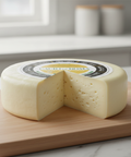 Round cheese with a slice cut out on a wooden board, brand 'Acro de Roma' visible
