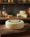 Round cheese wheel on a wooden board with a blurred background of shelves with more cheese wheels.