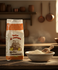 Bag of flour with a rustic kitchen background
