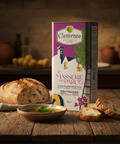 Clemente olive oil packaging with bread and olive oil on a wooden table