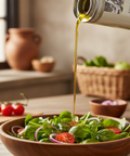 Olive oil being poured over a salad in a wooden bowl on a kitchen counter.