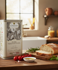 Clemente extra virgin olive oil packaging on a kitchen counter with bread and tomatoes.
