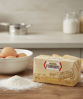 Ferrarini butter block on a kitchen counter with eggs and flour