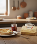 Butter spread on toast with a jar of jam and a package of butter on a wooden table in a kitchen.
