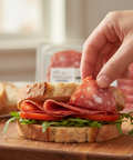 Hand adding salami to a sandwich on a wooden cutting board with bread and tomatoes in the background.