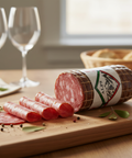 Rolled salami with a label on a wooden cutting board with sliced salami and glasses in the background.