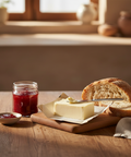 Butter, bread, and jam on a wooden table with a warm ambiance
