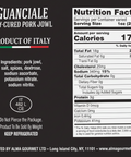 Label for Guanciale dry-cured pork jowl with nutritional facts and import details.
