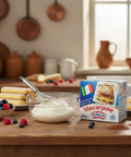 Mascarpone cheese box on a kitchen counter with ingredients and utensils