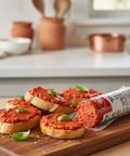 Bread slices topped with a red spread on a wooden cutting board in a kitchen setting.