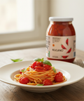 Spaghetti dish with a jar of sauce on a wooden table