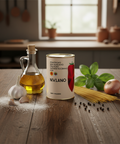 Nulano tomato can on a wooden table with olive oil, garlic, and pasta.