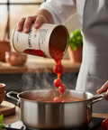 Person pouring tomato sauce from a can into a pot on a stove