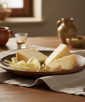 Platter of cheese on a wooden table with a warm, rustic setting.