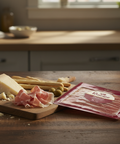 Wooden cutting board with prosciutto, cheese, and olives on a kitchen counter.