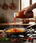 Person pouring sauce from a bottle into a pan of pasta on a stove with a kitchen background.