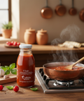 Bottle of Cantinele tomato sauce on a kitchen counter with a pan of simmering sauce.