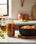 Bottle of Contadini pasta sauce on a kitchen counter with a pan of spaghetti.