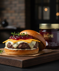 Hamburger with cheese and sauce on a wooden cutting board next to a jar of Callipo product.
