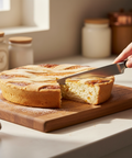 Pie being sliced on a wooden board with a hand holding a knife, set against a kitchen backdrop.