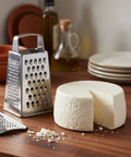 Cheese wheel with a metal grater on a wooden surface
