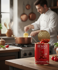 Can of Rosso Garigano cherry tomatoes on a kitchen counter with a chef in the background.