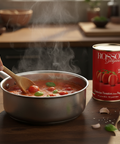 Stovetop with simmering tomato-based soup and a can of Rosso Gargano tomatoes.