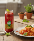 Jar of Rosso Basil sauce on a table with a plate of spaghetti and a glass of red wine.