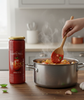 Person cooking pasta with a wooden spoon, next to a jar of pasta sauce in a kitchen.