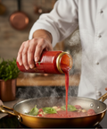 Chef pouring red sauce from a can into a pan with vegetables in a kitchen setting.