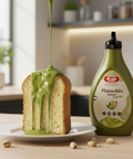 Pistachio sauce being drizzled over a slice of cake with a bottle of Alma Pistachio Sauce in the background.