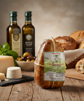Wooden table with bread, cheese, and olive oil on a rustic background
