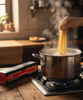 Person adding pasta to a pot of boiling water on a stove with steam rising.