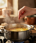 Person adding red chili flakes to a pot of boiling soup on a stove.