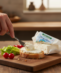 Person spreading ricotta cheese on a slice of bread with a block of ricotta cheese and a packet labeled 'Stracchino' in the background.