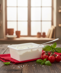 Container of cream cheese with tomatoes and basil on a wooden table