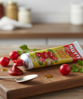 Tube of Mutti tomato paste on a wooden board with tomatoes and a spoon