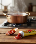 Ketchup on a spoon and tube with a pot boiling in the background