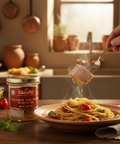 Person holding a fork over a plate of pasta with Callipo yellowfin tuna fillets in olive oil.