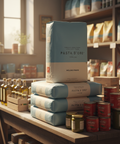Pasta d'Oro packages stacked on a wooden table with various food items in a store setting